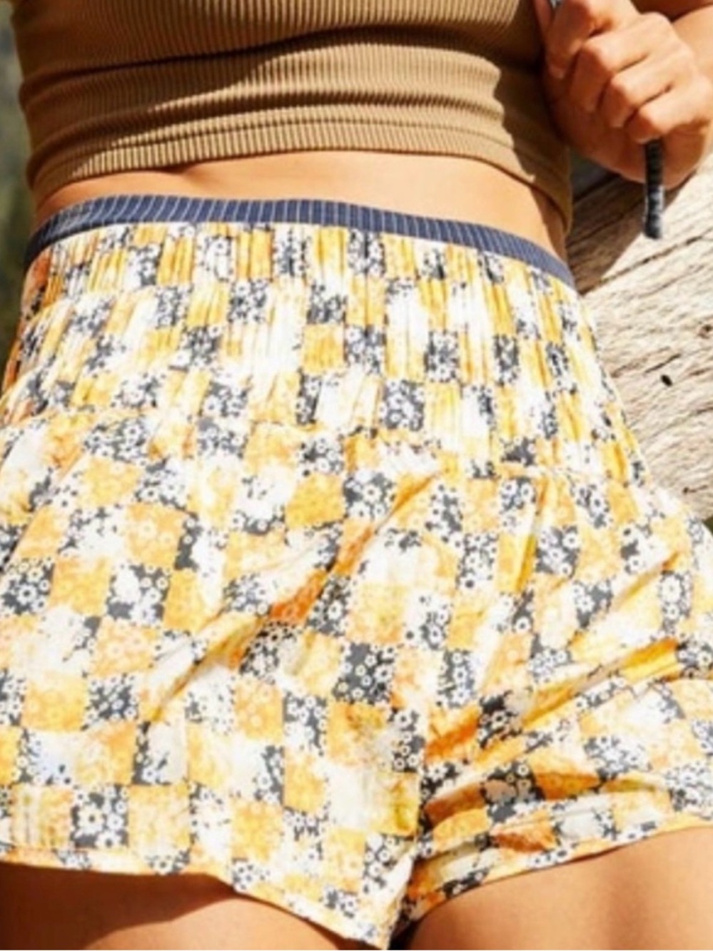 Free People Smocked High-Waist Checkered Floral Shorts in Yellow and Black